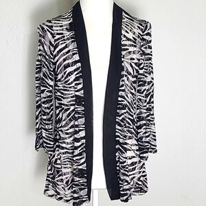 Slinky Brand Black & White Cardigan Sheer Top, Criss-Cross Cut-outs, Sz Small